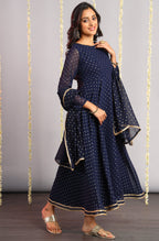 Janasya Women's Navy Blue Poly Georgette Foil Print Kurta With Dupatta | Grocsy
