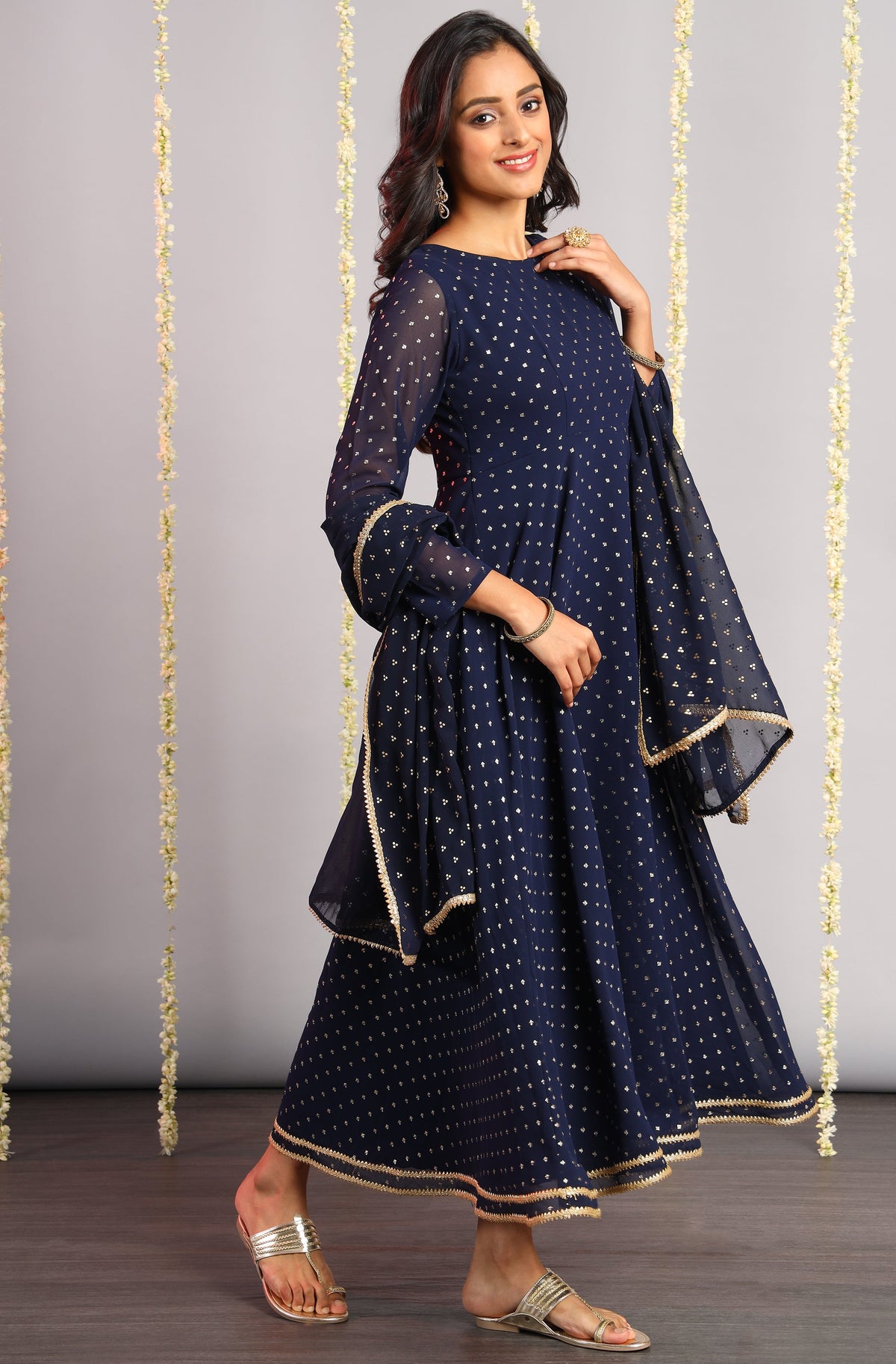 Janasya Women's Navy Blue Poly Georgette Foil Print Kurta With Dupatta | Grocsy