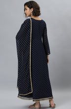 Janasya Women's Navy Blue Poly Georgette Foil Print Kurta With Dupatta | Grocsy