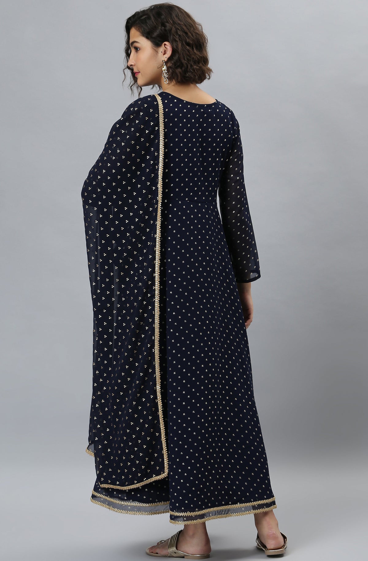 Janasya Women's Navy Blue Poly Georgette Foil Print Kurta With Dupatta | Grocsy