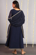 Janasya Women's Navy Blue Poly Georgette Foil Print Kurta With Dupatta | Grocsy
