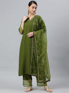Janasya Women's Olive Green Rayon Solid Kurta With Palazzo And Dupatta | Grocsy