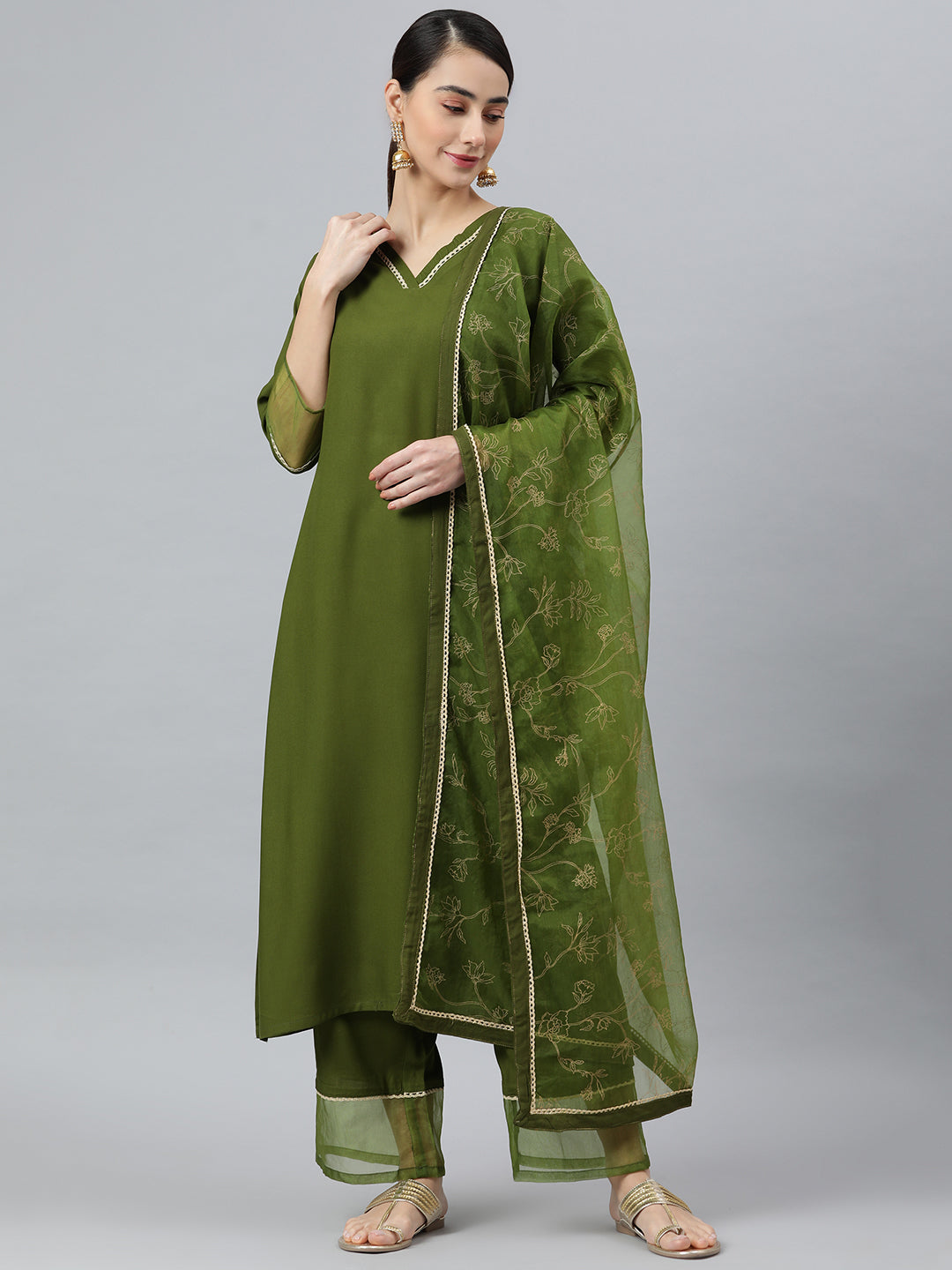 Janasya Women's Olive Green Rayon Solid Kurta With Palazzo And Dupatta | Grocsy