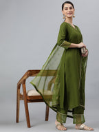Janasya Women's Olive Green Rayon Solid Kurta With Palazzo And Dupatta | Grocsy