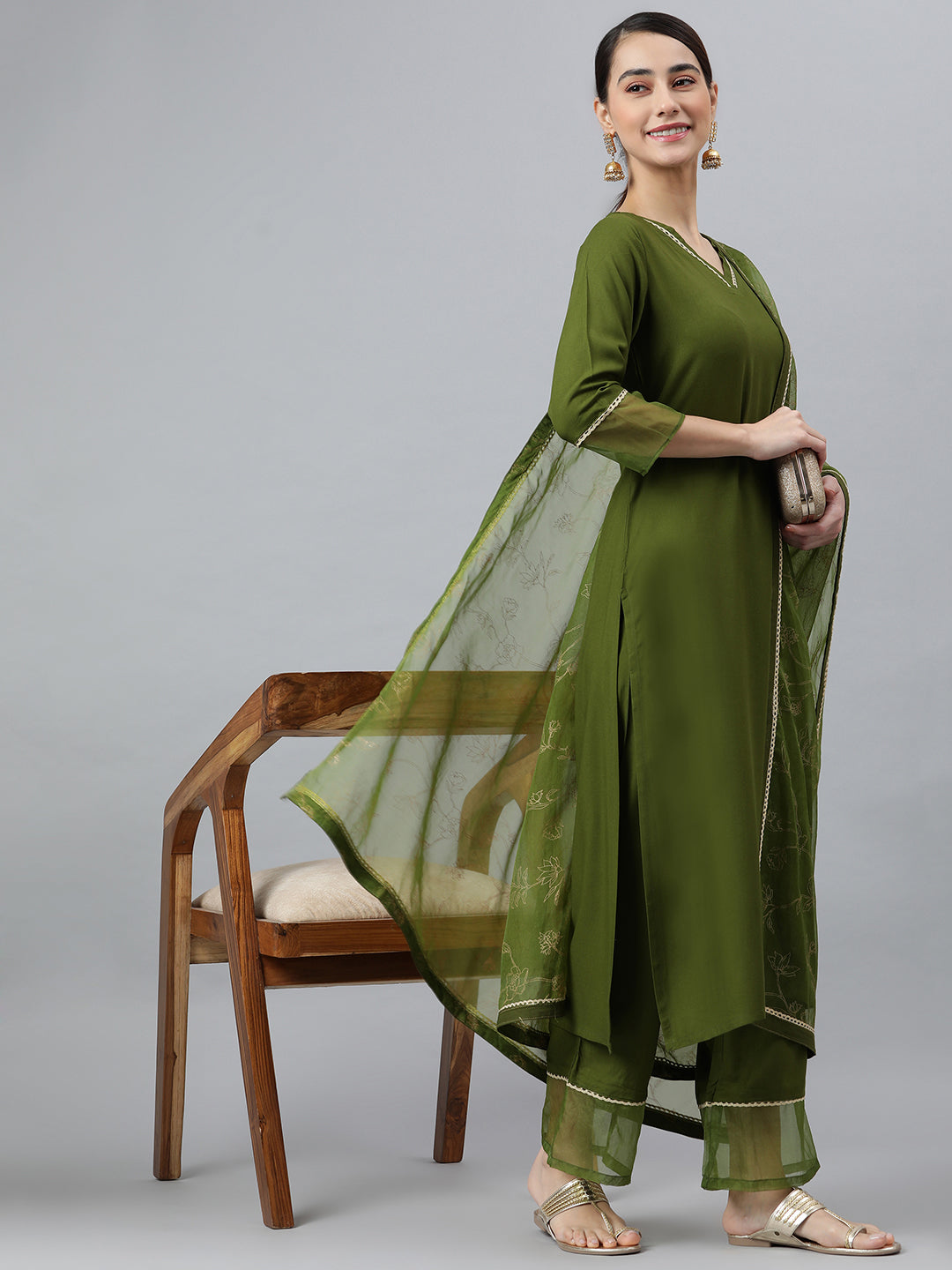 Janasya Women's Olive Green Rayon Solid Kurta With Palazzo And Dupatta | Grocsy