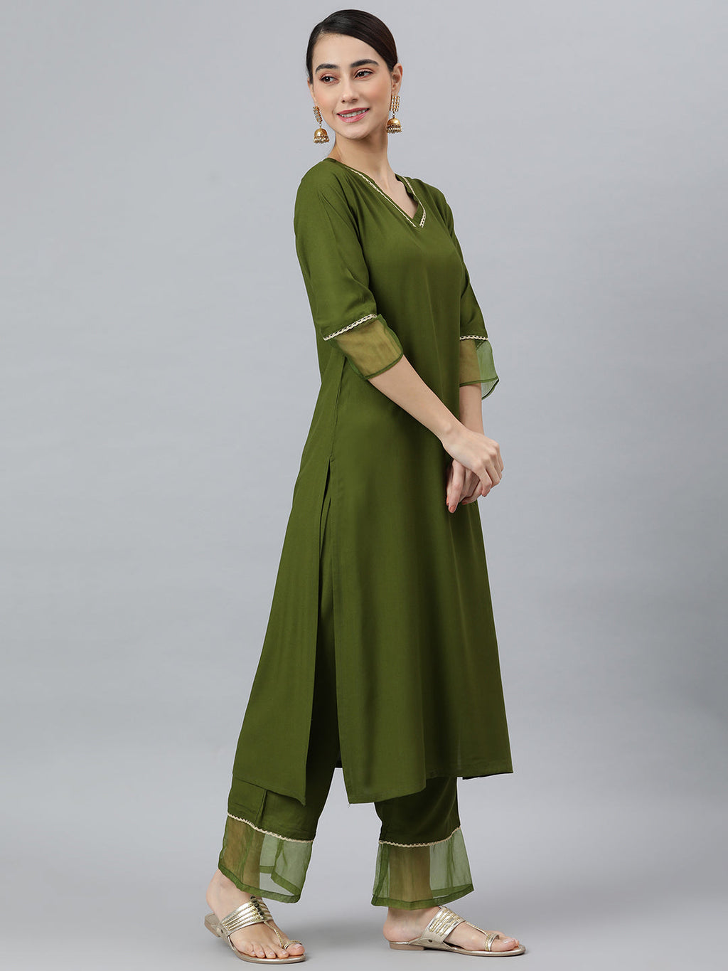 Janasya Women's Olive Green Rayon Solid Kurta With Palazzo And Dupatta | Grocsy