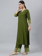 Janasya Women's Olive Green Rayon Solid Kurta With Palazzo And Dupatta | Grocsy