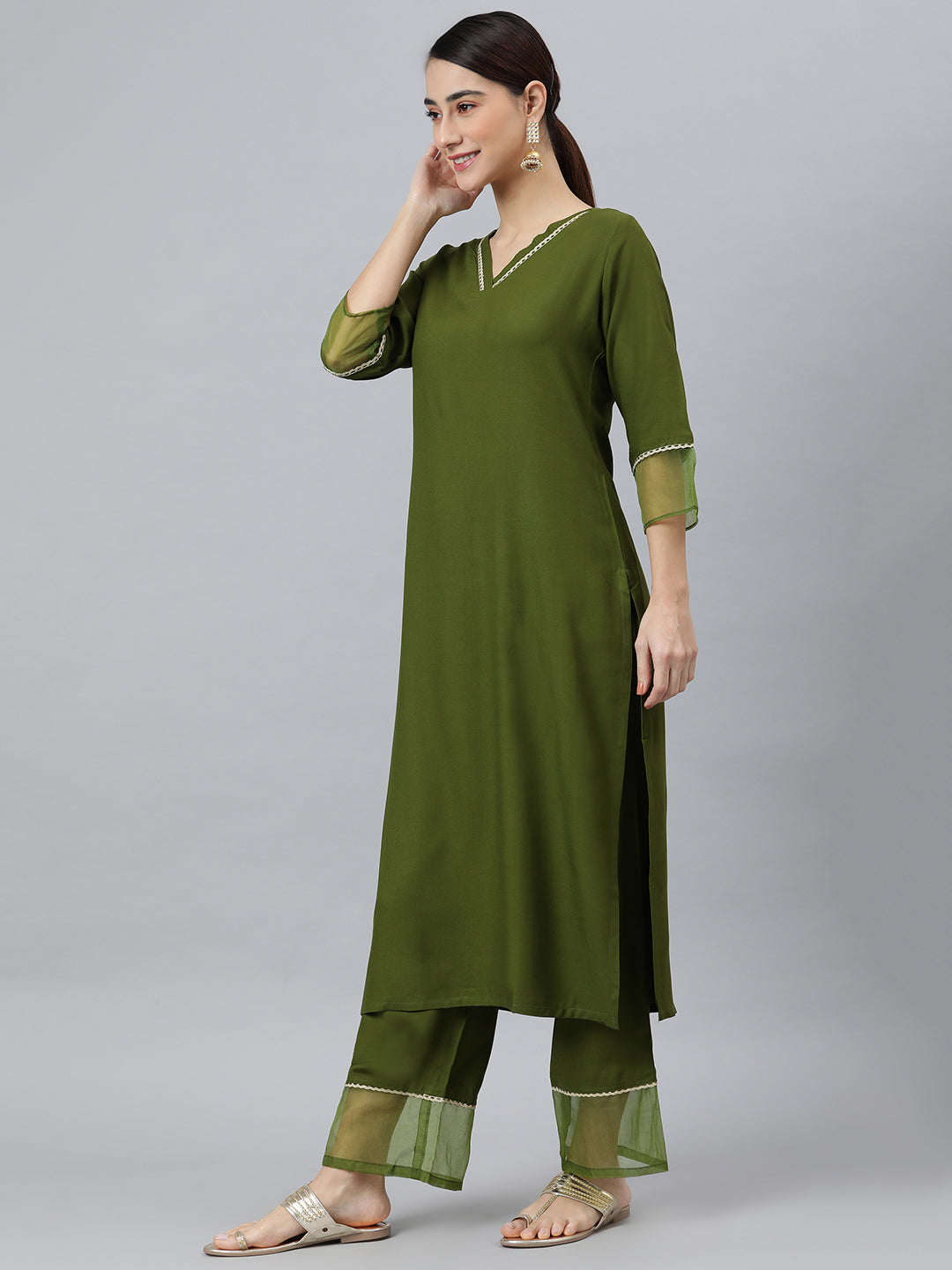 Janasya Women's Olive Green Rayon Solid Kurta With Palazzo And Dupatta | Grocsy