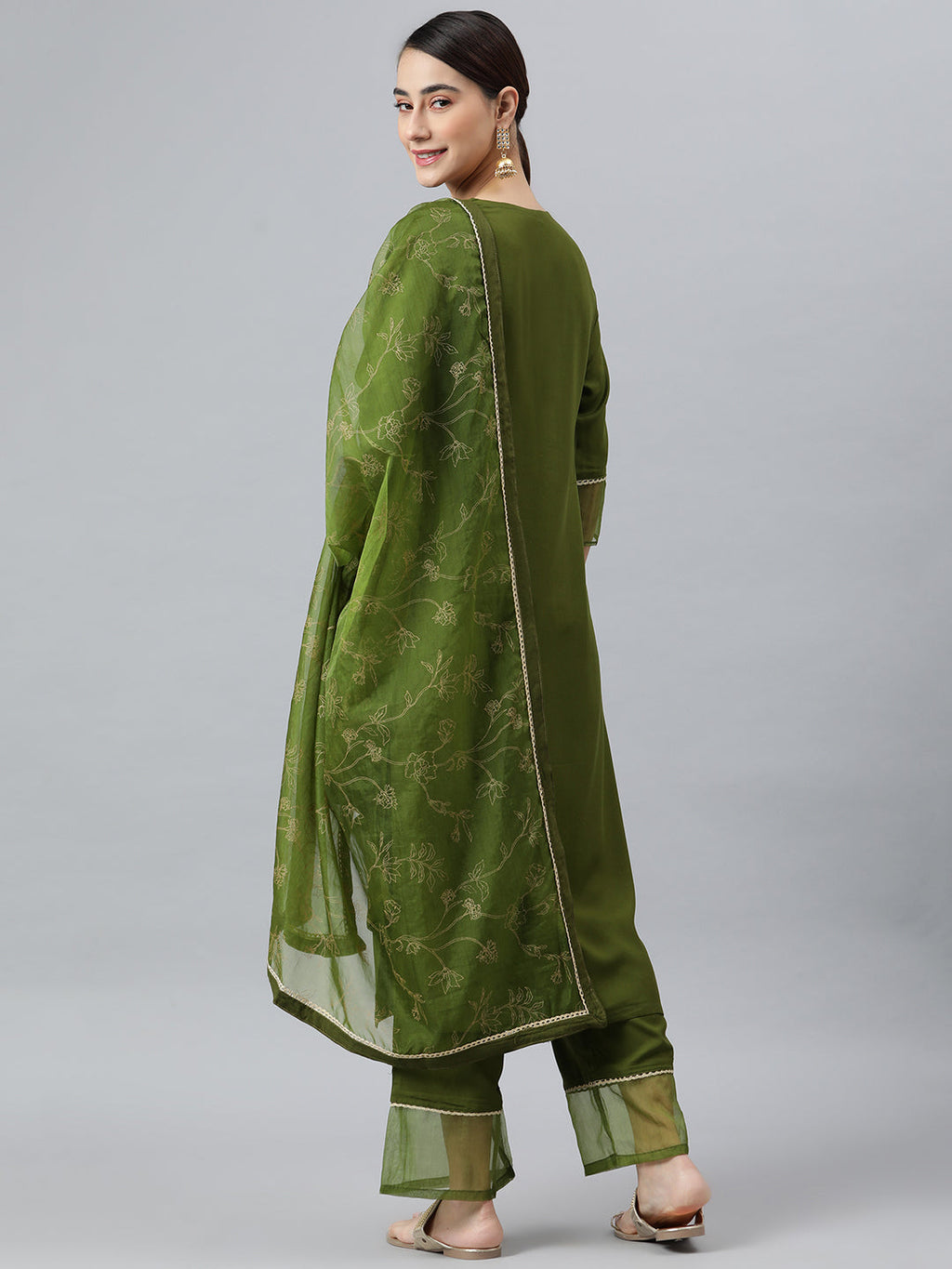 Janasya Women's Olive Green Rayon Solid Kurta With Palazzo And Dupatta | Grocsy