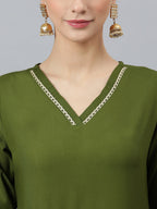 Janasya Women's Olive Green Rayon Solid Kurta With Palazzo And Dupatta | Grocsy