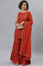 Janasya Women's Orange Rayon Foil Print Kurti With Sharara And Dupatta | Grocsy