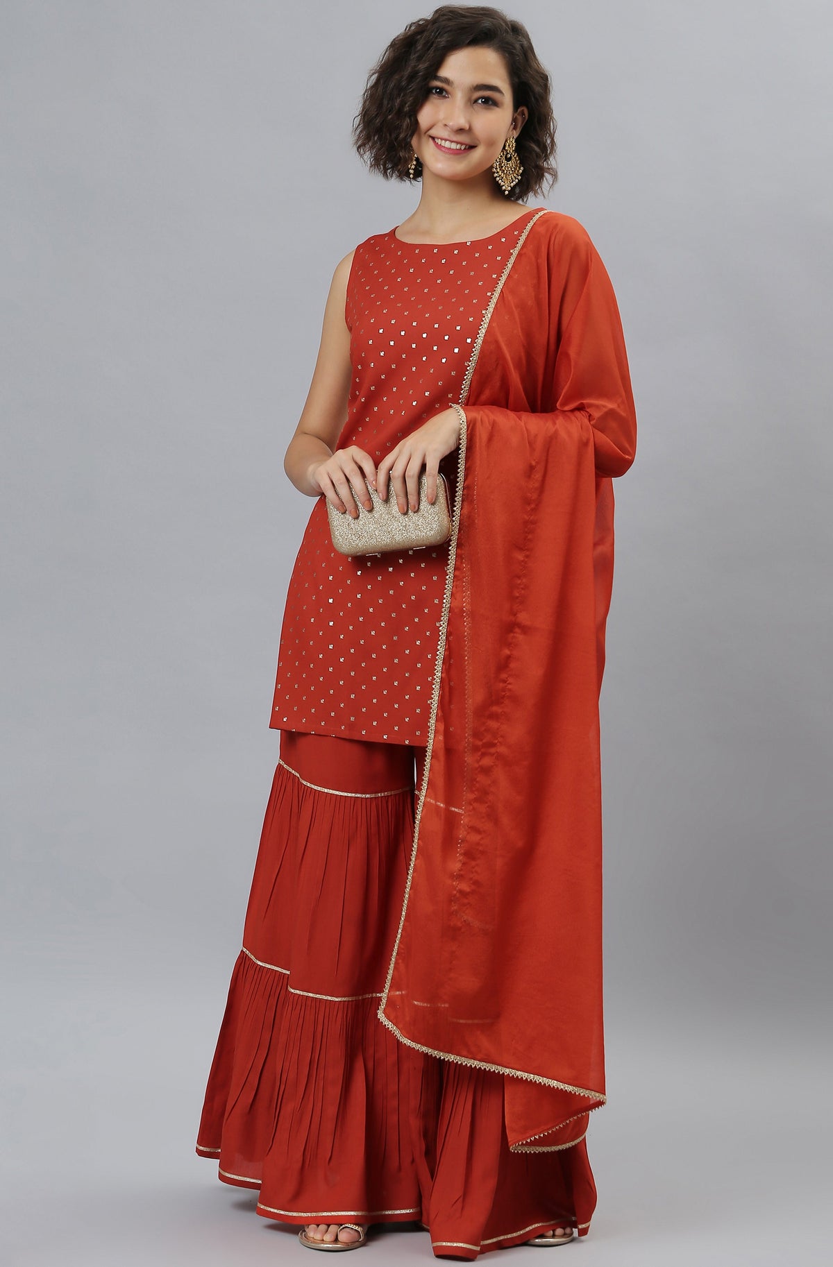 Janasya Women's Orange Rayon Foil Print Kurti With Sharara And Dupatta | Grocsy