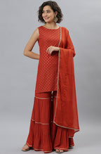 Janasya Women's Orange Rayon Foil Print Kurti With Sharara And Dupatta | Grocsy