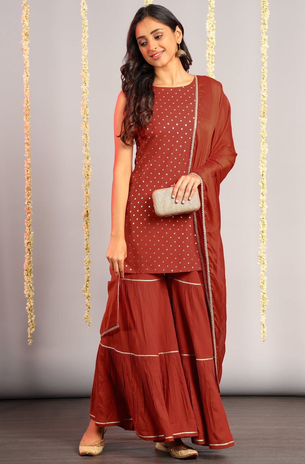 Janasya Women's Orange Rayon Foil Print Kurti With Sharara And Dupatta | Grocsy