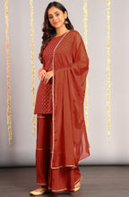 Janasya Women's Orange Rayon Foil Print Kurti With Sharara And Dupatta | Grocsy