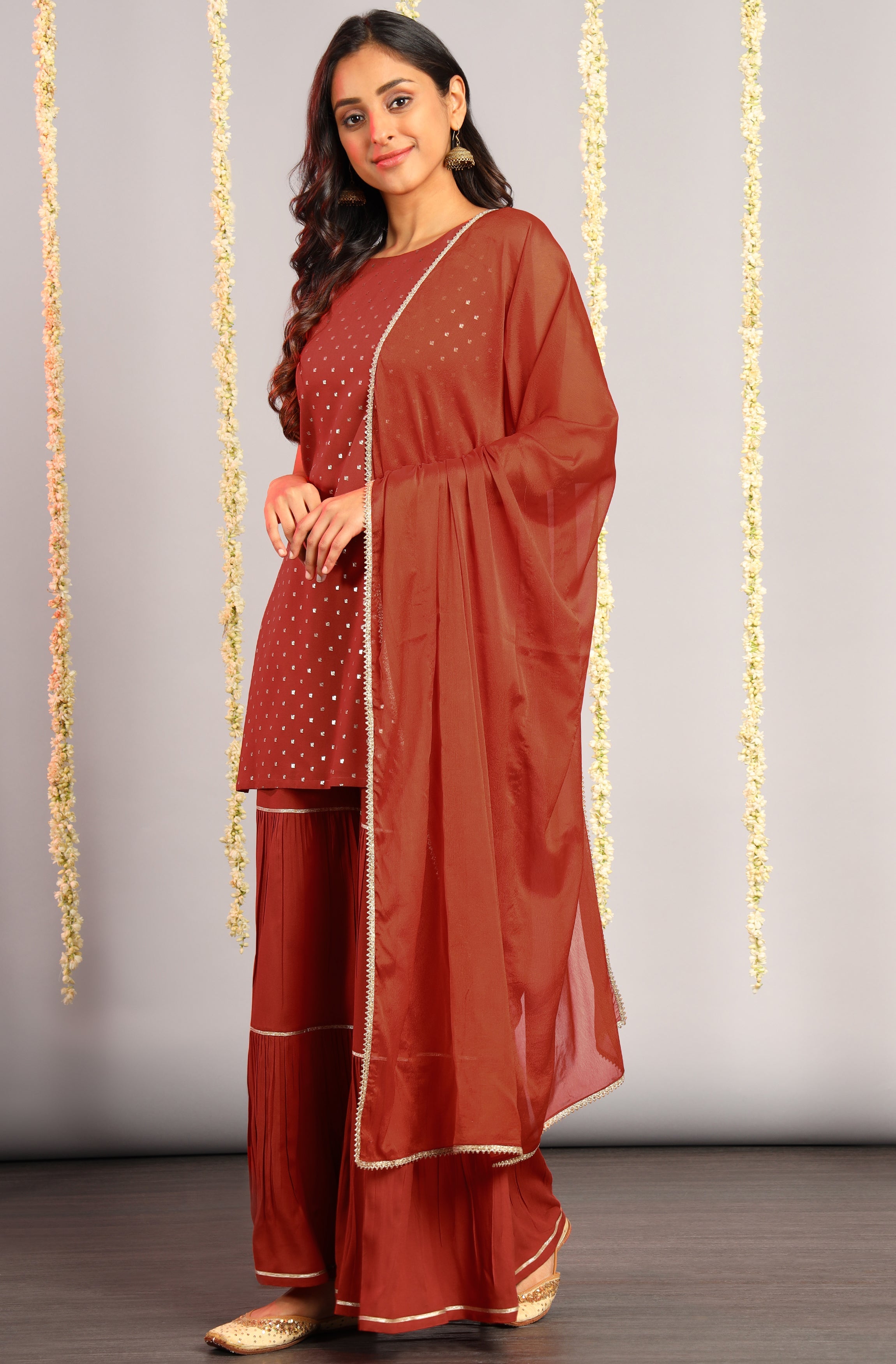 Janasya Women's Orange Rayon Foil Print Kurti With Sharara And Dupatta | Grocsy