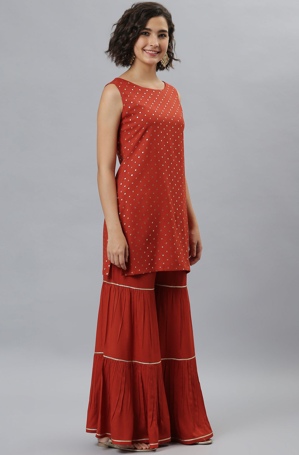 Janasya Women's Orange Rayon Foil Print Kurti With Sharara And Dupatta | Grocsy