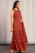 Janasya Women's Orange Rayon Foil Print Kurti With Sharara And Dupatta | Grocsy