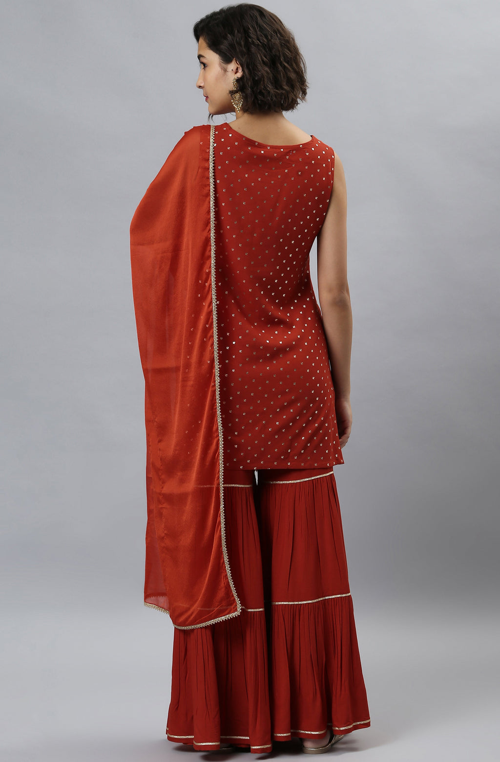 Janasya Women's Orange Rayon Foil Print Kurti With Sharara And Dupatta | Grocsy