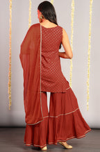 Janasya Women's Orange Rayon Foil Print Kurti With Sharara And Dupatta | Grocsy