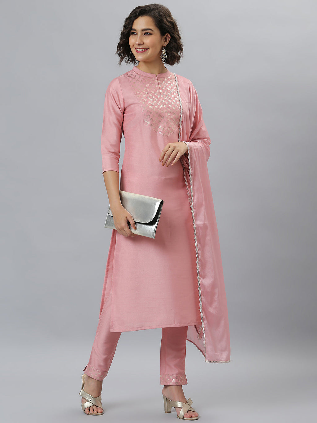 Indian Clothing Janasya Women's Pink Poly Silk Floral Printed Straight Party Kurta Set | Grocsy