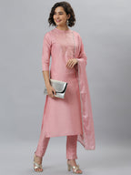 Indian Clothing Janasya Women's Pink Poly Silk Floral Printed Straight Party Kurta Set | Grocsy