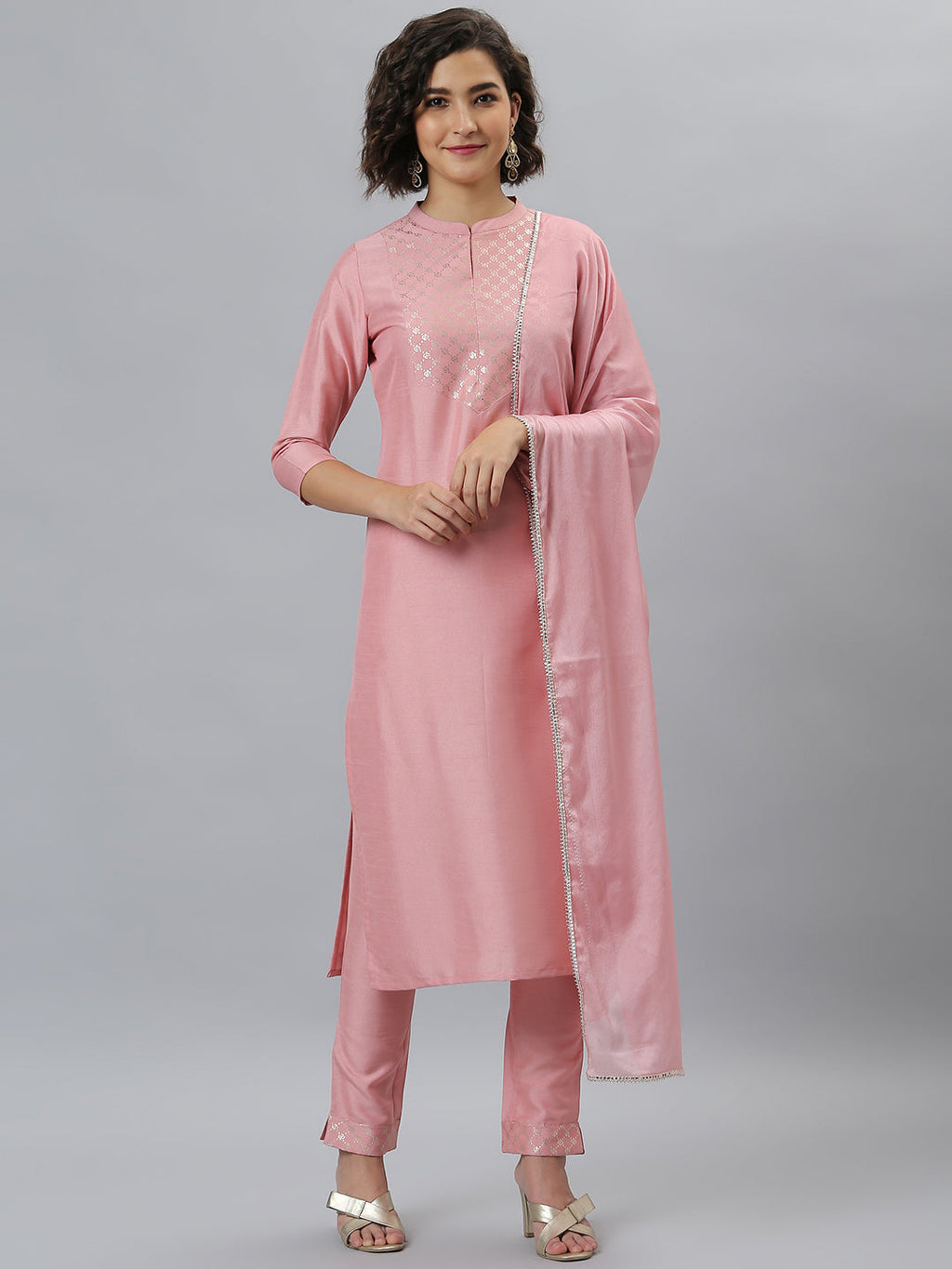 Indian Clothing Janasya Women's Pink Poly Silk Floral Printed Straight Party Kurta Set | Grocsy