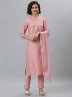 Indian Clothing Janasya Women's Pink Poly Silk Floral Printed Straight Party Kurta Set | Grocsy