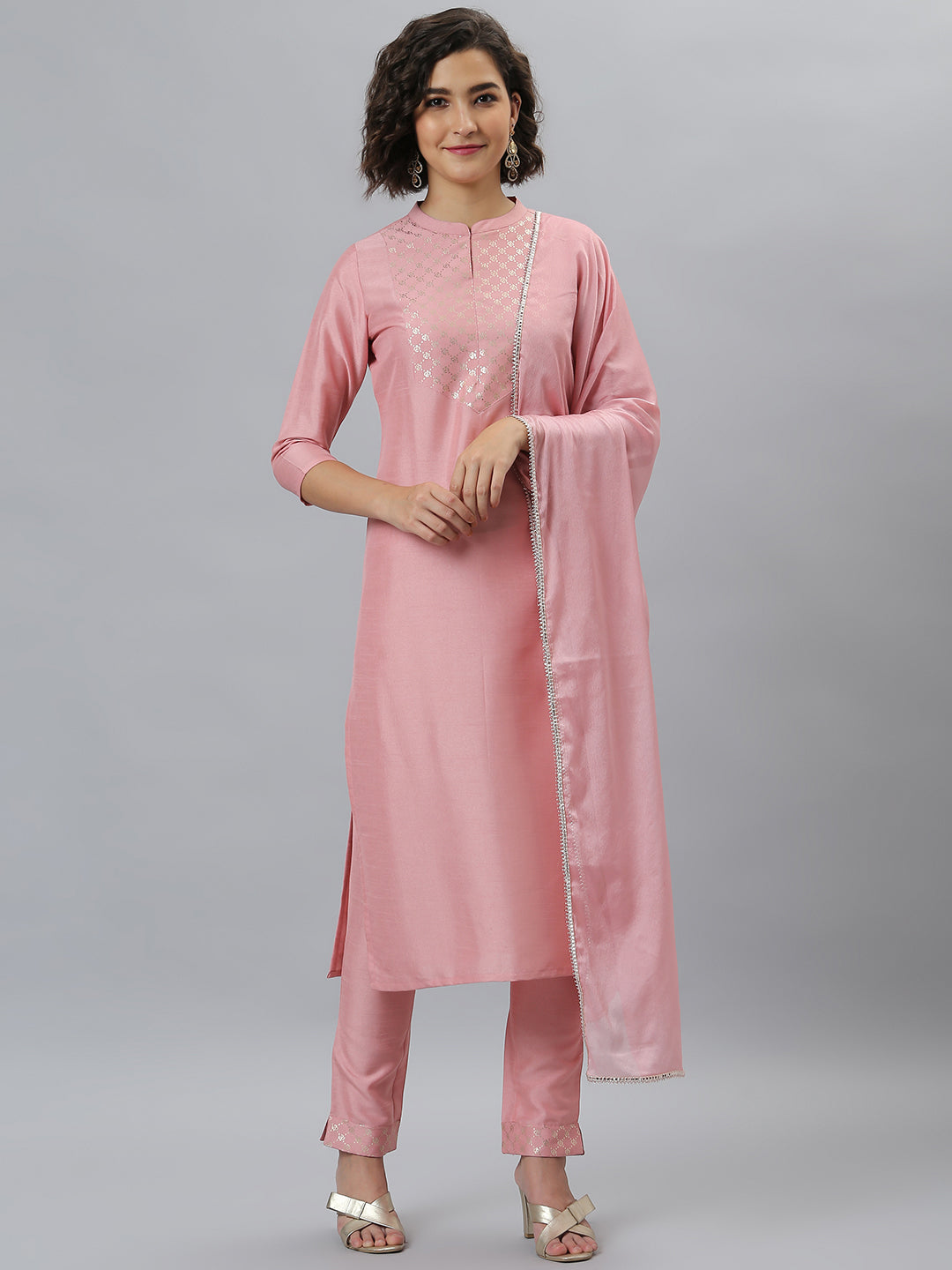 Indian Clothing Janasya Women's Pink Poly Silk Floral Printed Straight Party Kurta Set | Grocsy