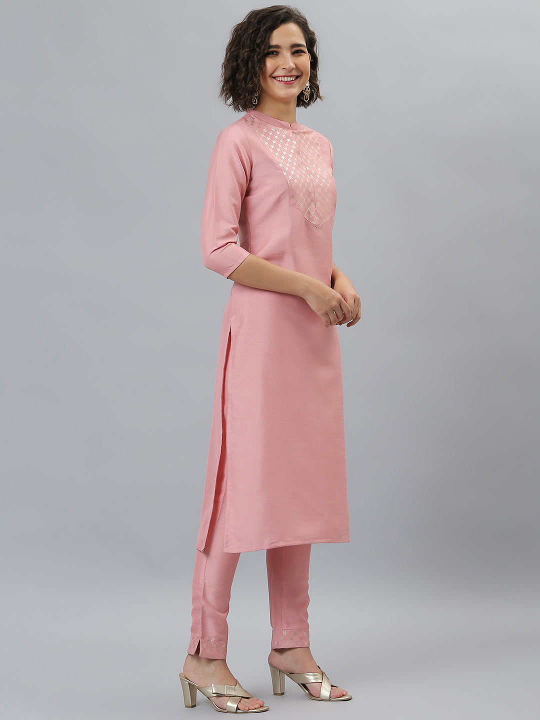 Indian Clothing Janasya Women's Pink Poly Silk Floral Printed Straight Party Kurta Set | Grocsy