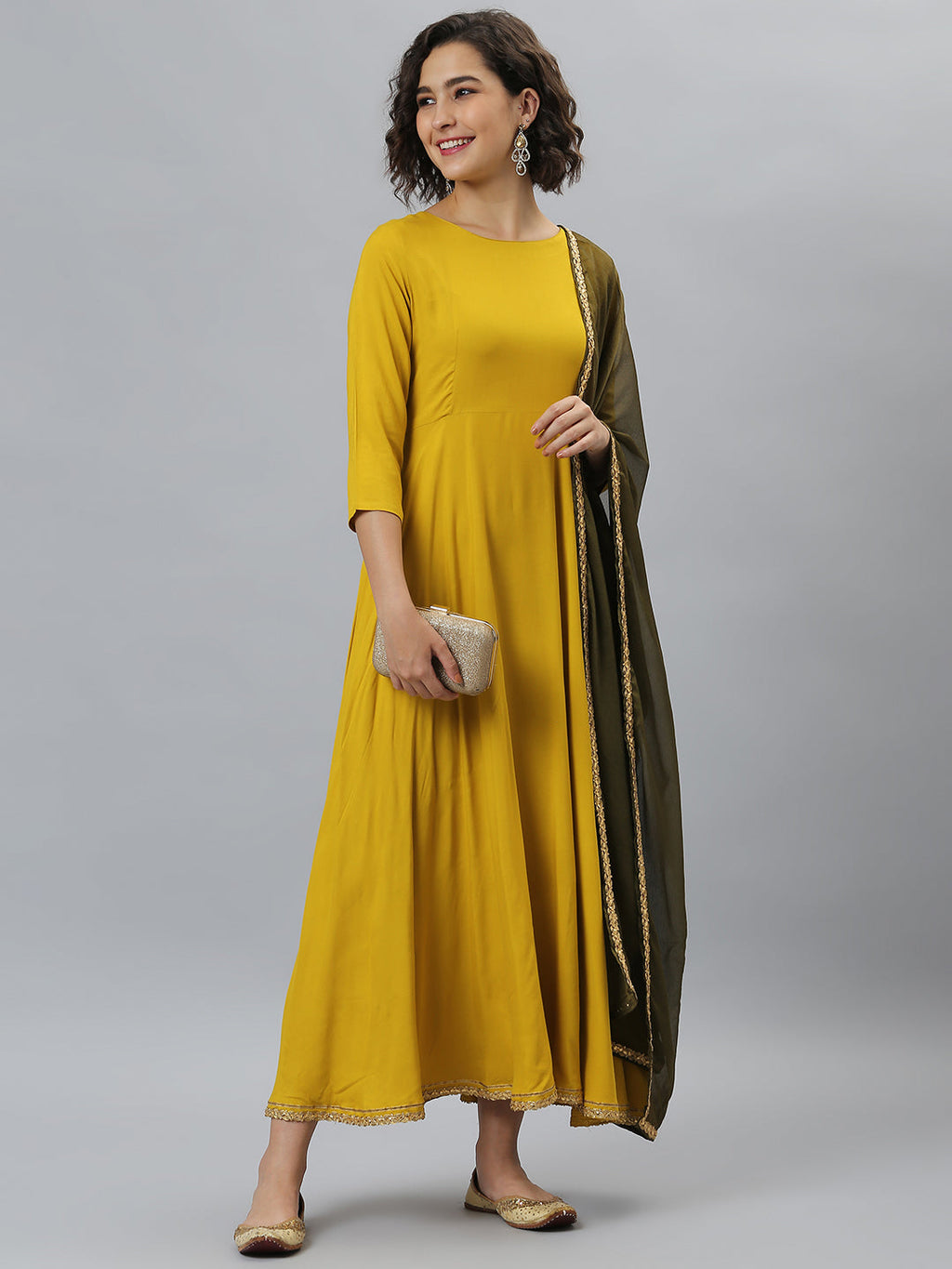Janasya Women's Mustard Rayon Solid Flared Casual Kurta Set | Grocsy