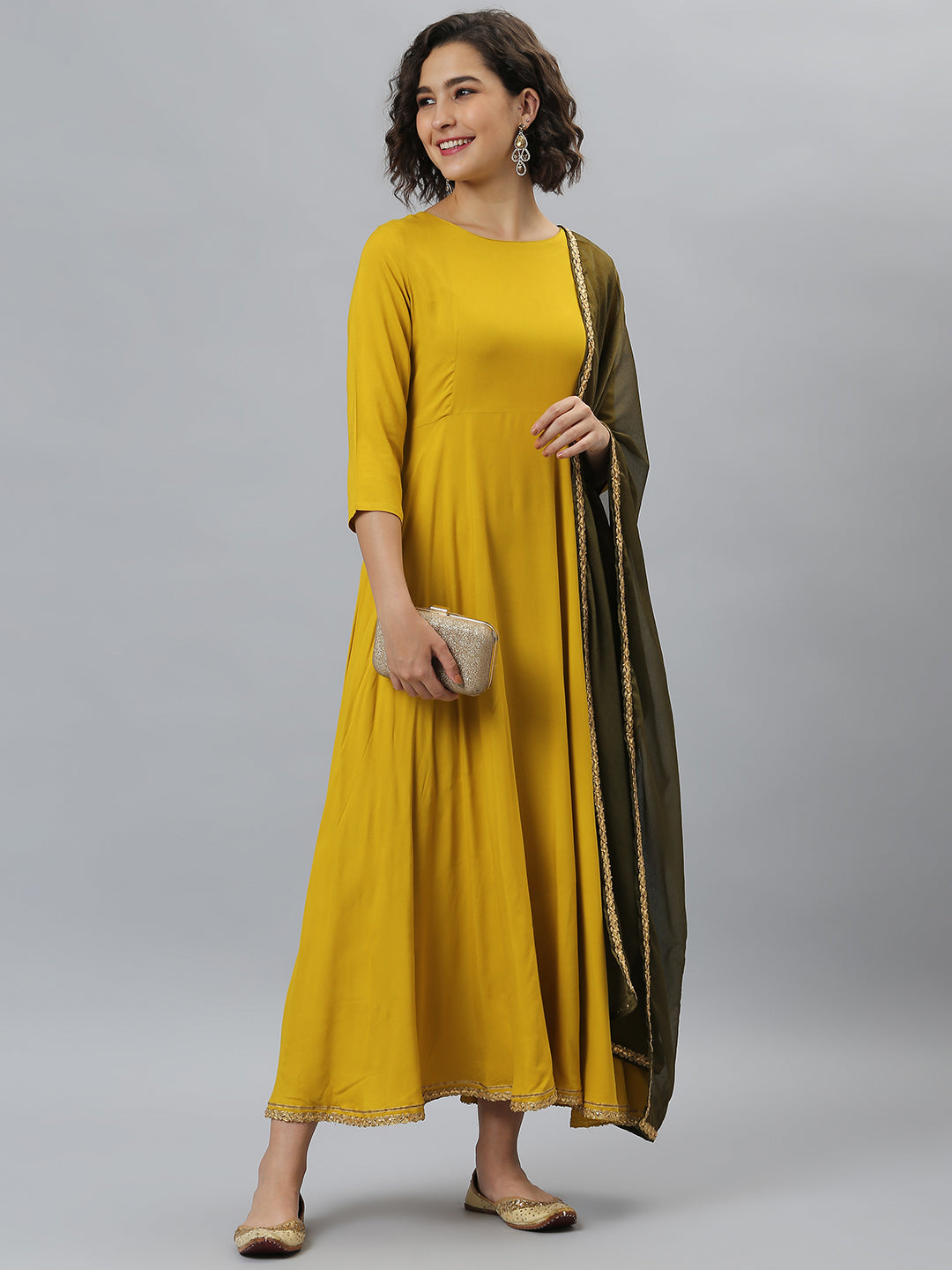 Janasya Women's Mustard Rayon Solid Flared Casual Kurta Set | Grocsy