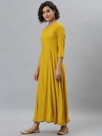 Janasya Women's Mustard Rayon Solid Flared Casual Kurta Set | Grocsy