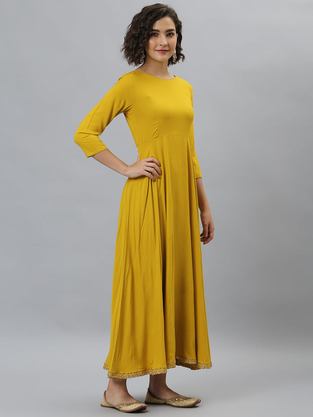 Janasya Women's Mustard Rayon Solid Flared Casual Kurta Set | Grocsy