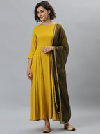 Janasya Women's Mustard Rayon Solid Flared Casual Kurta Set | Grocsy