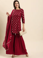Janasya Women's Maroon Rayon Floral Print Kurti With Sharara And Dupatta | Grocsy