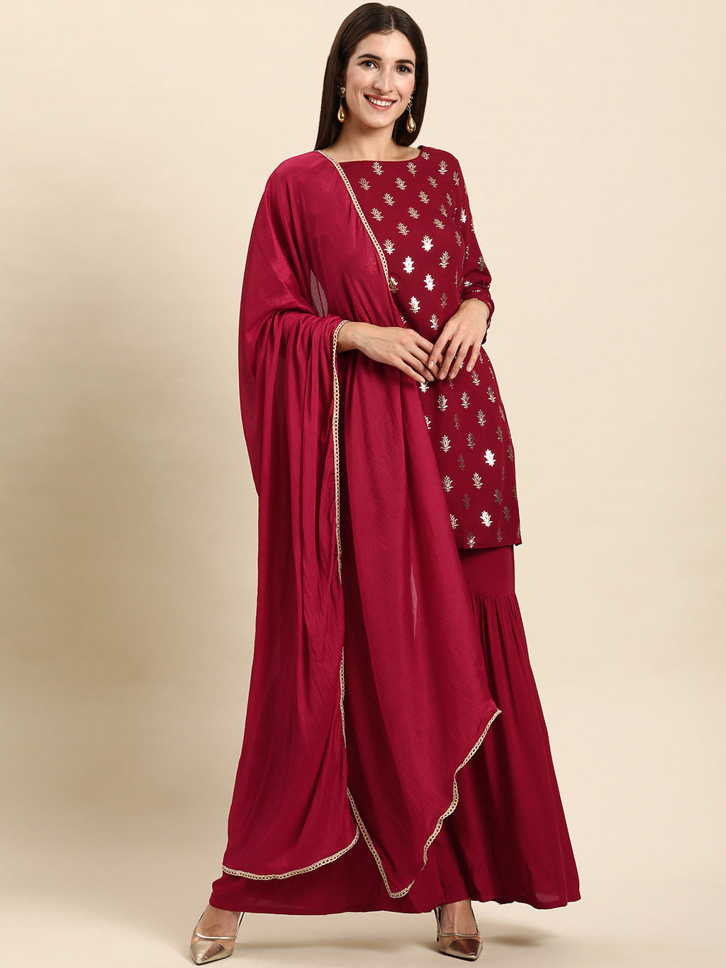 Janasya Women's Maroon Rayon Floral Print Kurti With Sharara And Dupatta | Grocsy