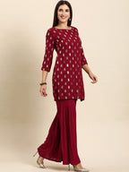 Janasya Women's Maroon Rayon Floral Print Kurti With Sharara And Dupatta | Grocsy