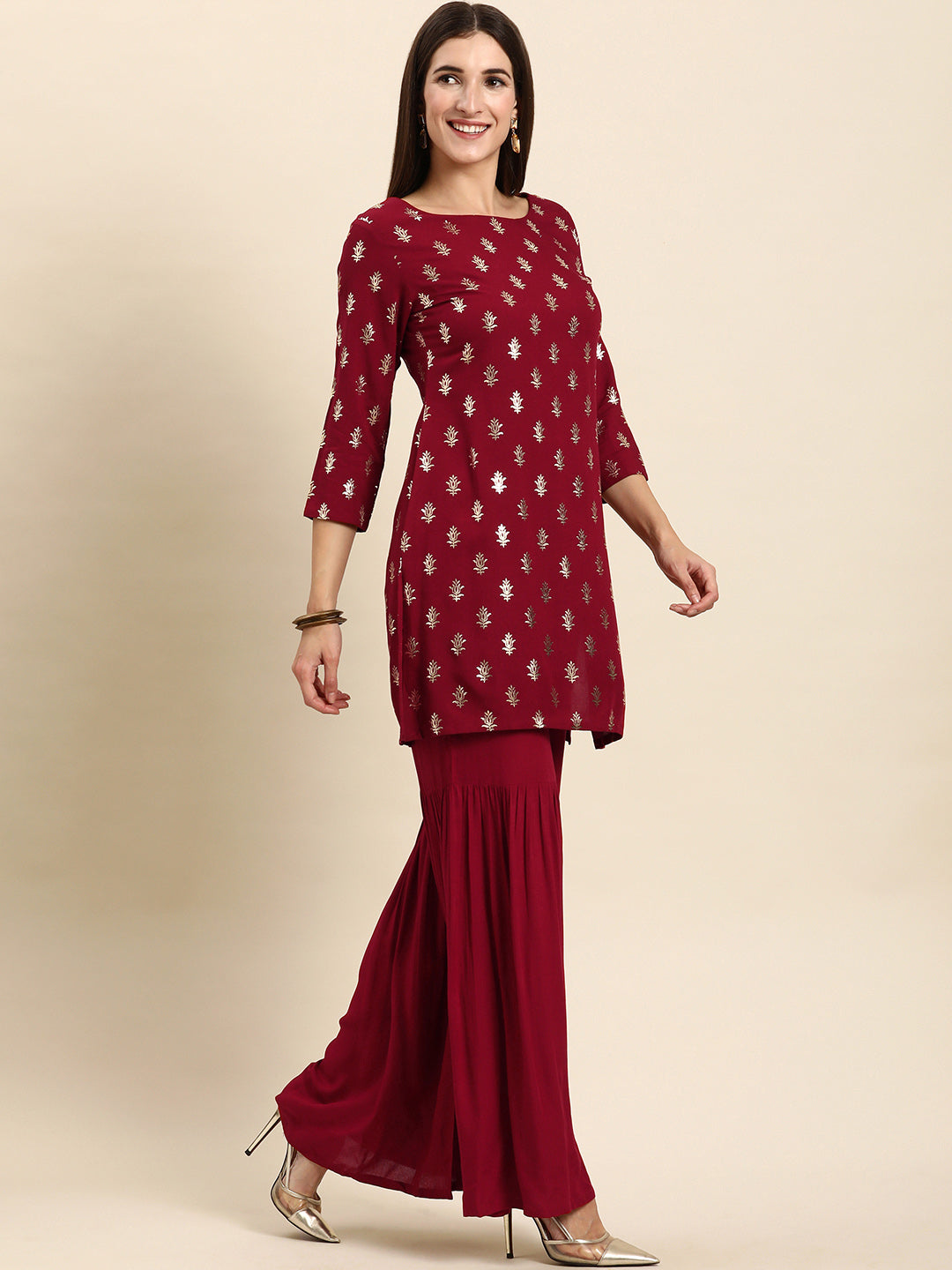 Janasya Women's Maroon Rayon Floral Print Kurti With Sharara And Dupatta | Grocsy