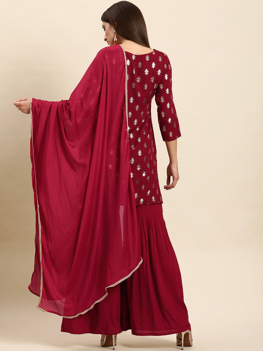Janasya Women's Maroon Rayon Floral Print Kurti With Sharara And Dupatta | Grocsy