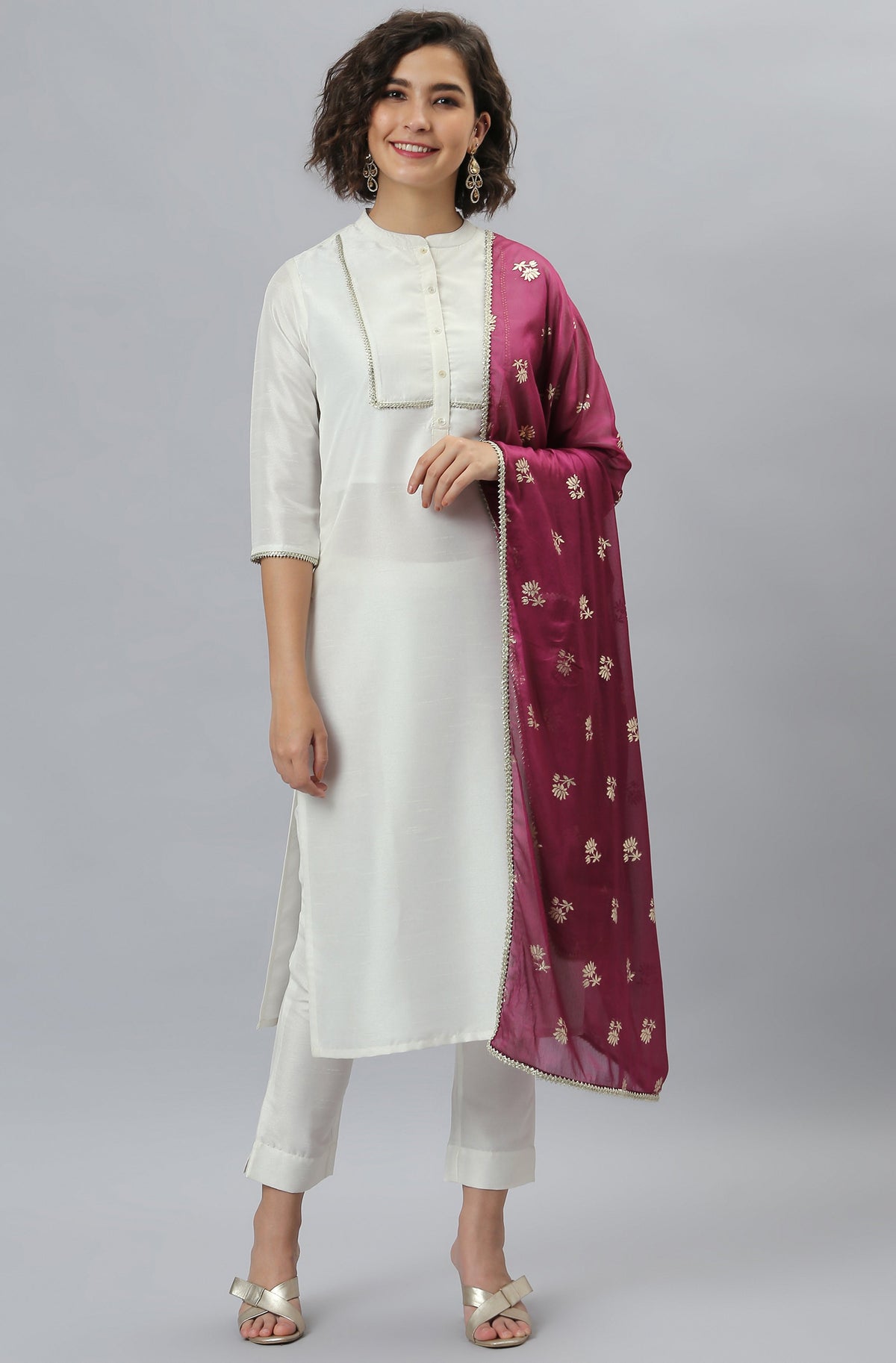 Janasya Women's White Poly Silk Solid Kurta With Pant And Dupatta | Grocsy