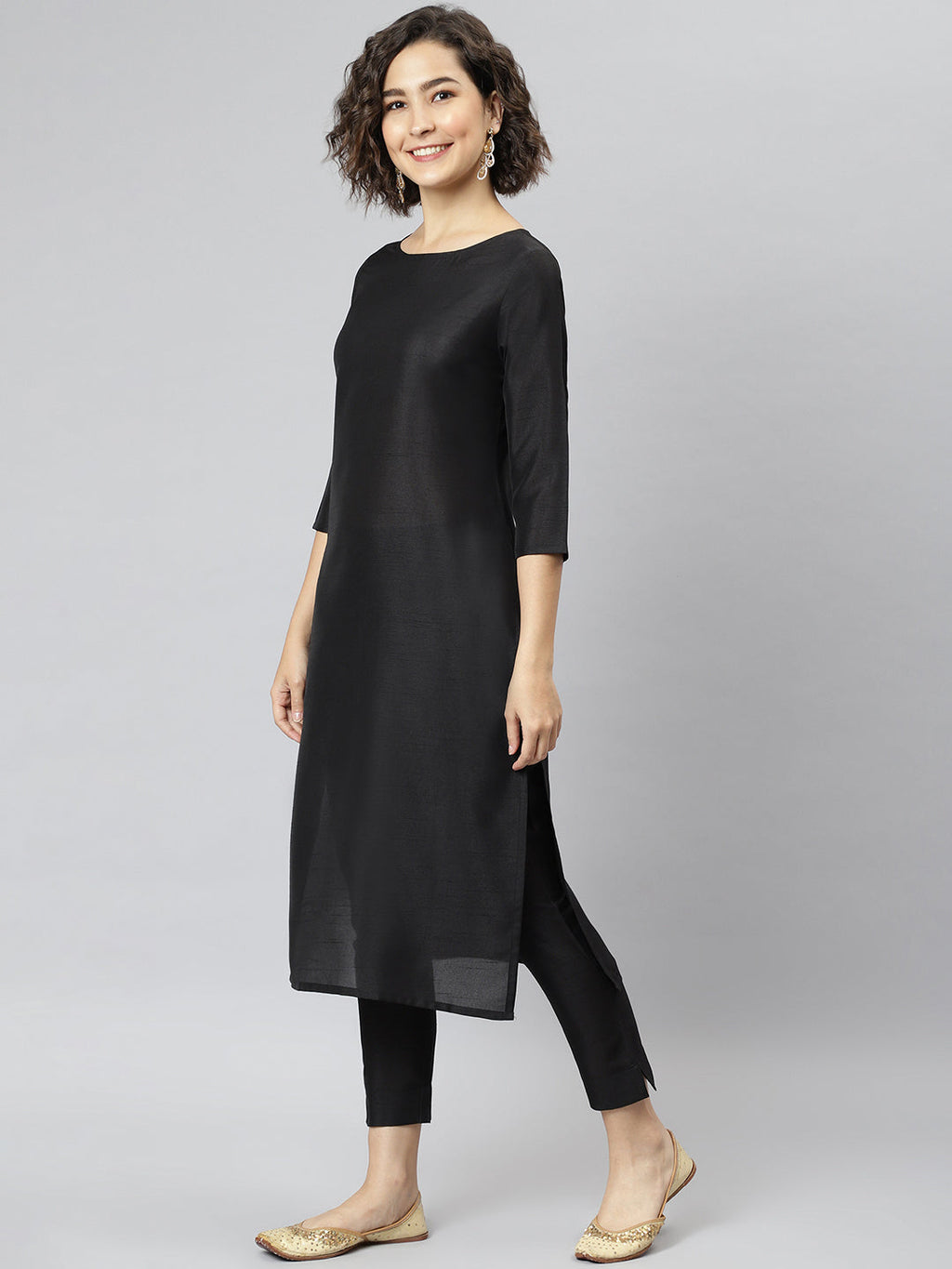 Janasya Women's Black Poly Silk Solid Straight Casual Kurta Set | Grocsy
