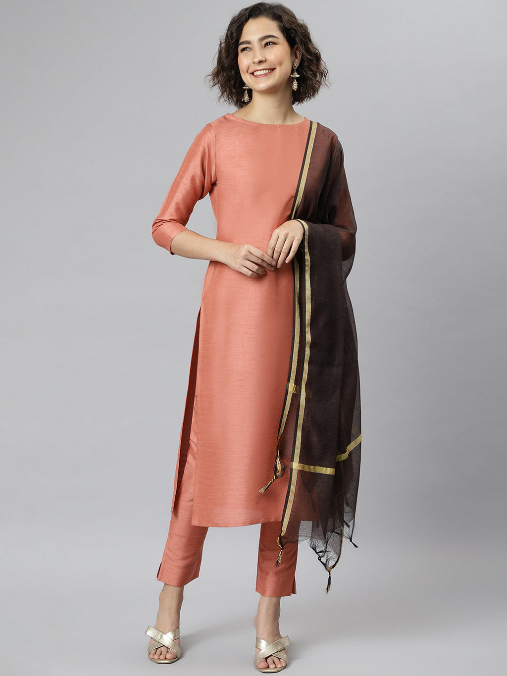 Janasya Women's Peach Poly Silk Solid Straight Casual Kurta Set | Grocsy