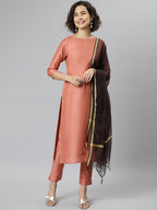 Janasya Women's Peach Poly Silk Solid Straight Casual Kurta Set | Grocsy