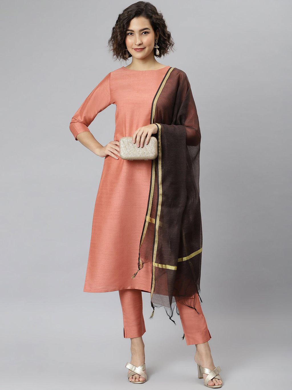 Janasya Women's Peach Poly Silk Solid Straight Casual Kurta Set | Grocsy