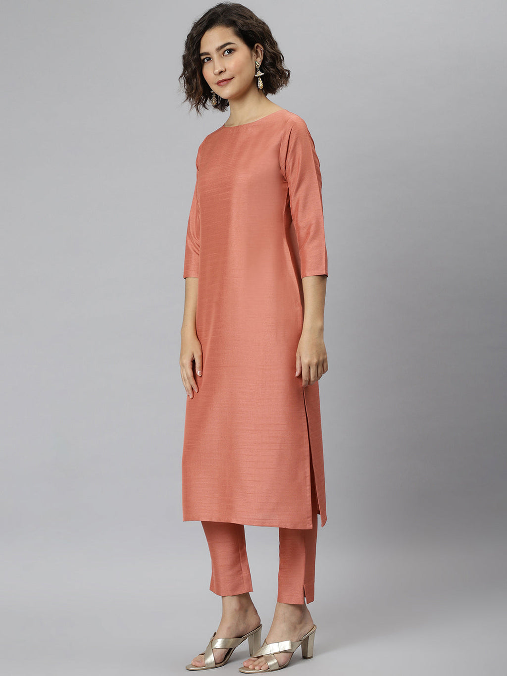 Janasya Women's Peach Poly Silk Solid Straight Casual Kurta Set | Grocsy