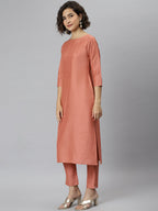 Janasya Women's Peach Poly Silk Solid Straight Casual Kurta Set | Grocsy
