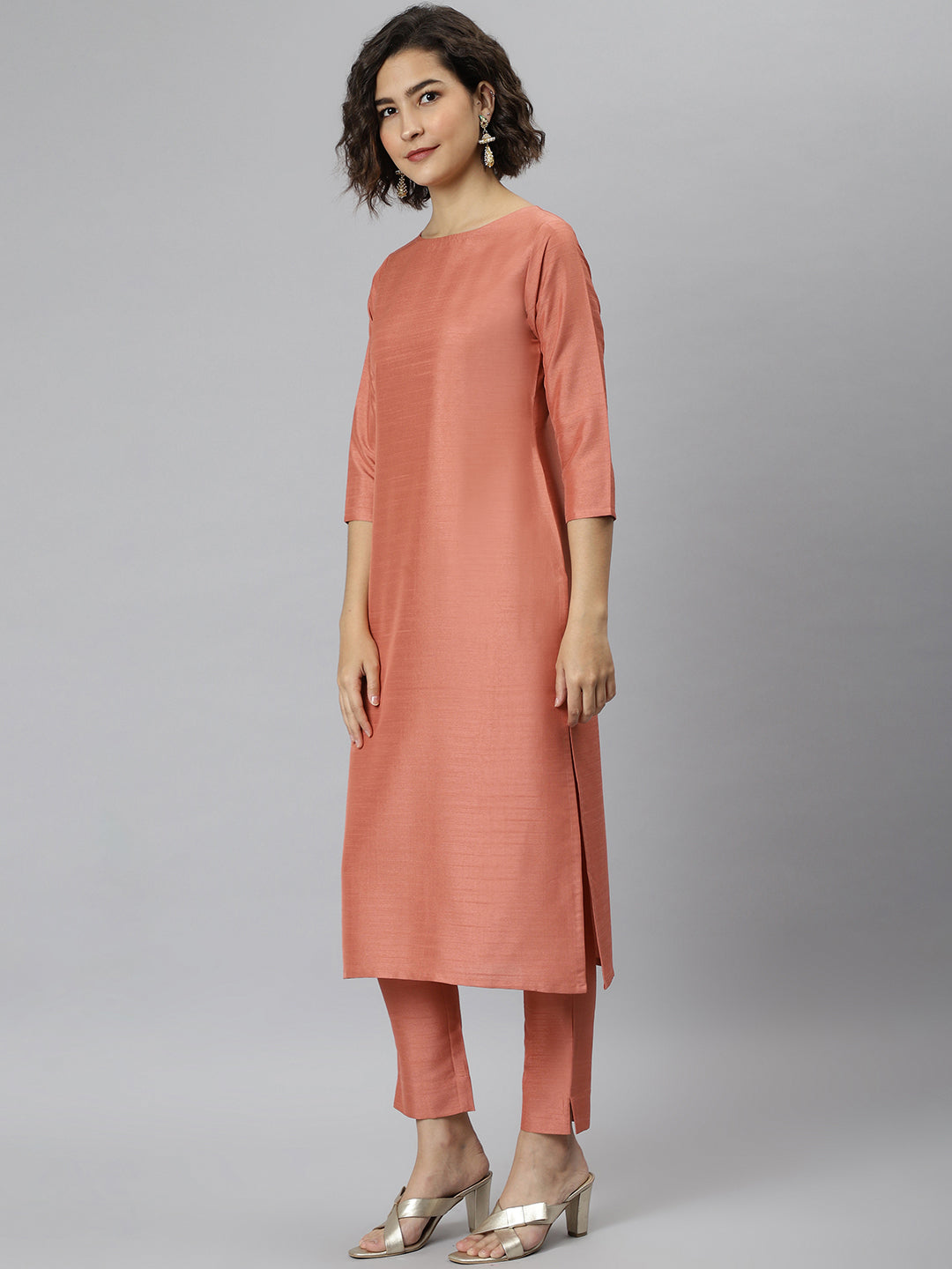 Janasya Women's Peach Poly Silk Solid Straight Casual Kurta Set | Grocsy