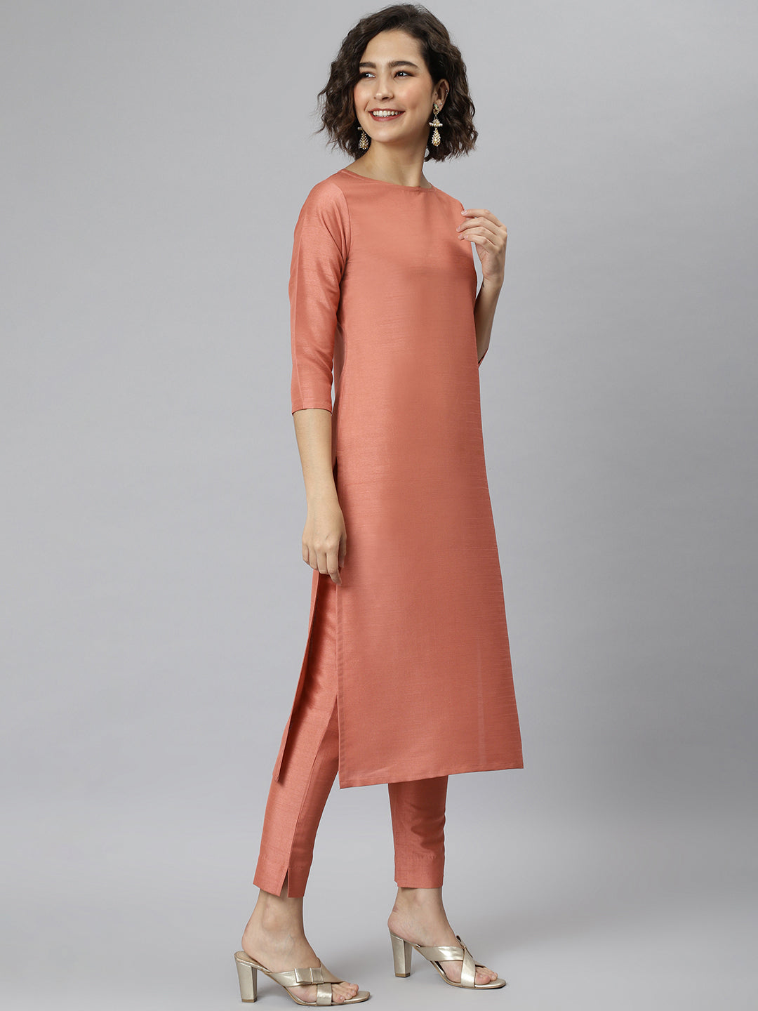 Janasya Women's Peach Poly Silk Solid Straight Casual Kurta Set | Grocsy