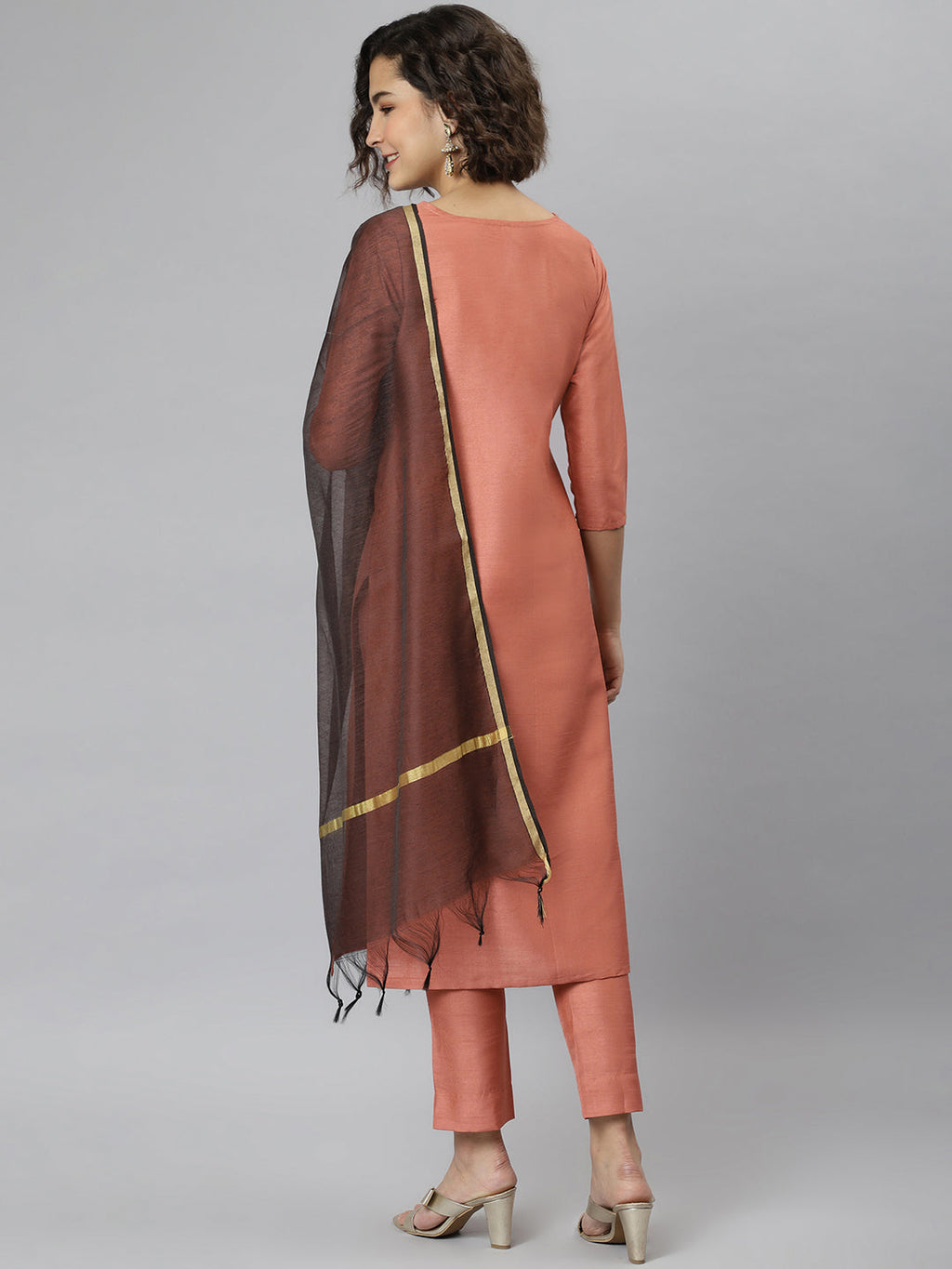 Janasya Women's Peach Poly Silk Solid Straight Casual Kurta Set | Grocsy